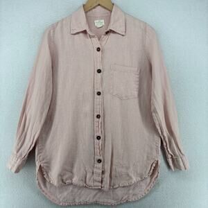 VIKOLINO Top Womens S Linen Tunic Shirt Blouse Button Front Long Sleeve Pink